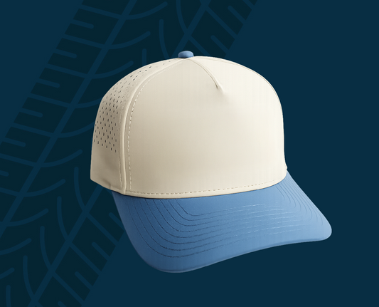 Trackside Trouble 5 Panel Hat – Sand/Indigo